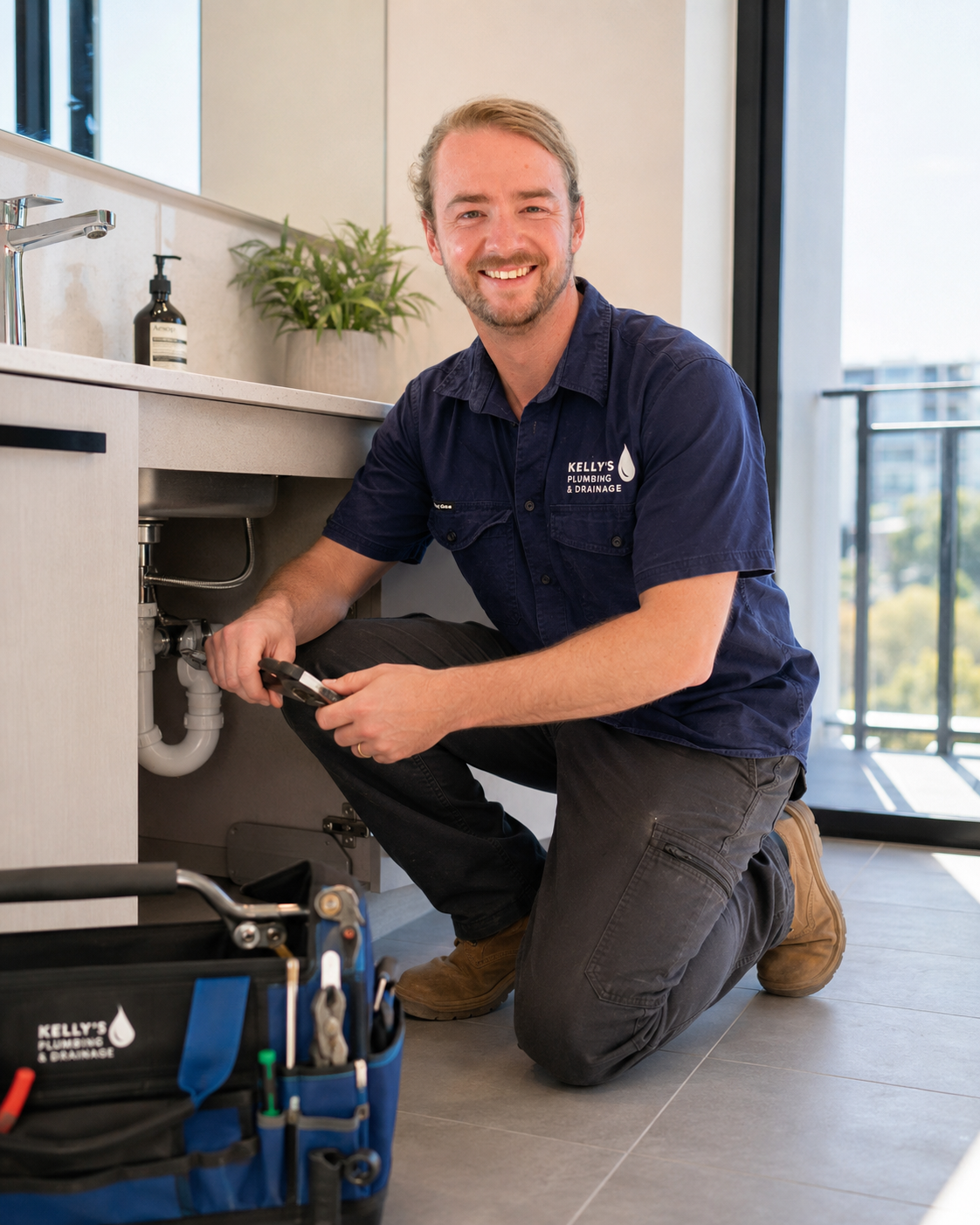 Smiling plumber kneels under a kitchen sink, using pliers while a tool bag sits open nearby.