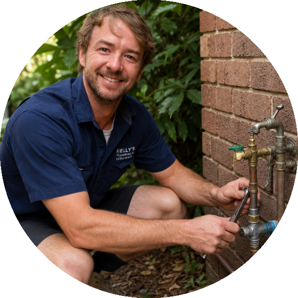 Plumber kneeling by a brick wall, tightening outdoor faucet with a wrench, wearing a blue uniform and smiling at the camera.